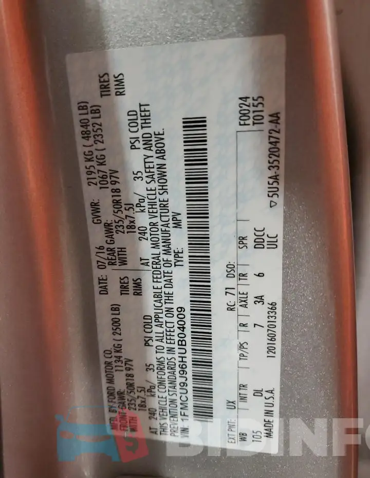 1FMCU9J96HUB04009 Photo# 13