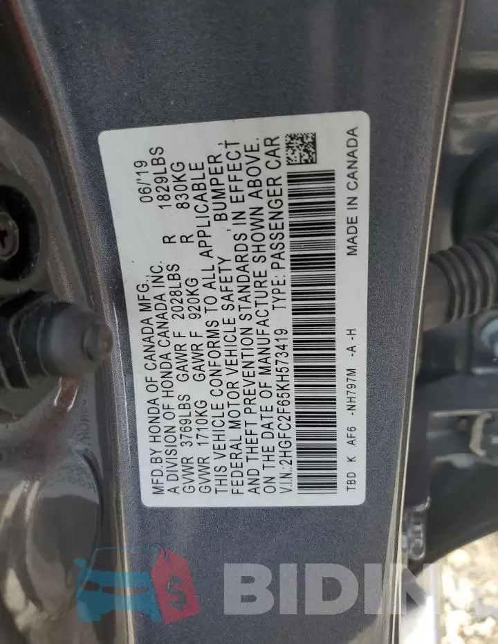 2HGFC2F65KH573419 Photo# 12