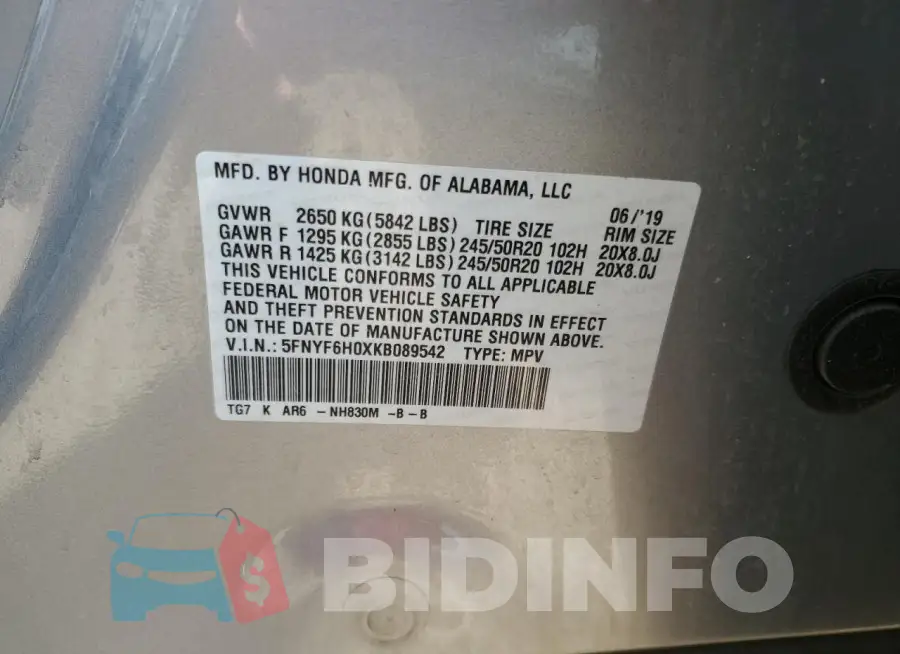 5FNYF6H0XKB089542 Photo# 13