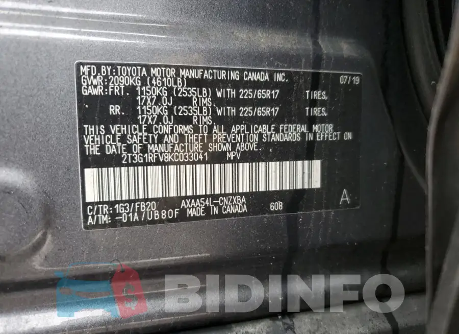 2T3G1RFV8KC033041 Photo# 14