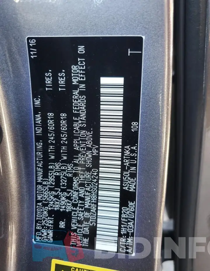 5TDZARFH8HS024240 Photo# 13