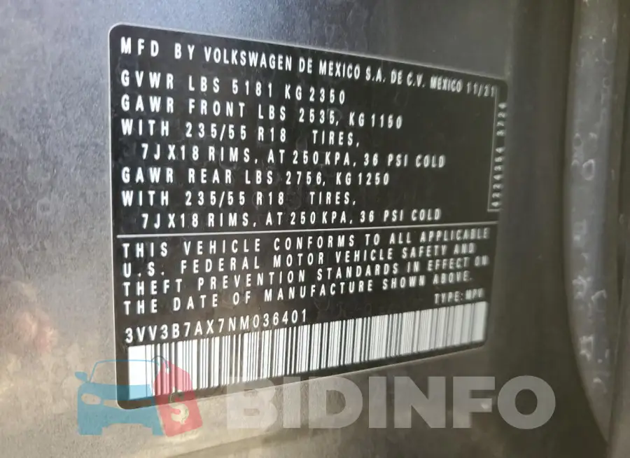 3VV3B7AX7NM036401 Photo# 13