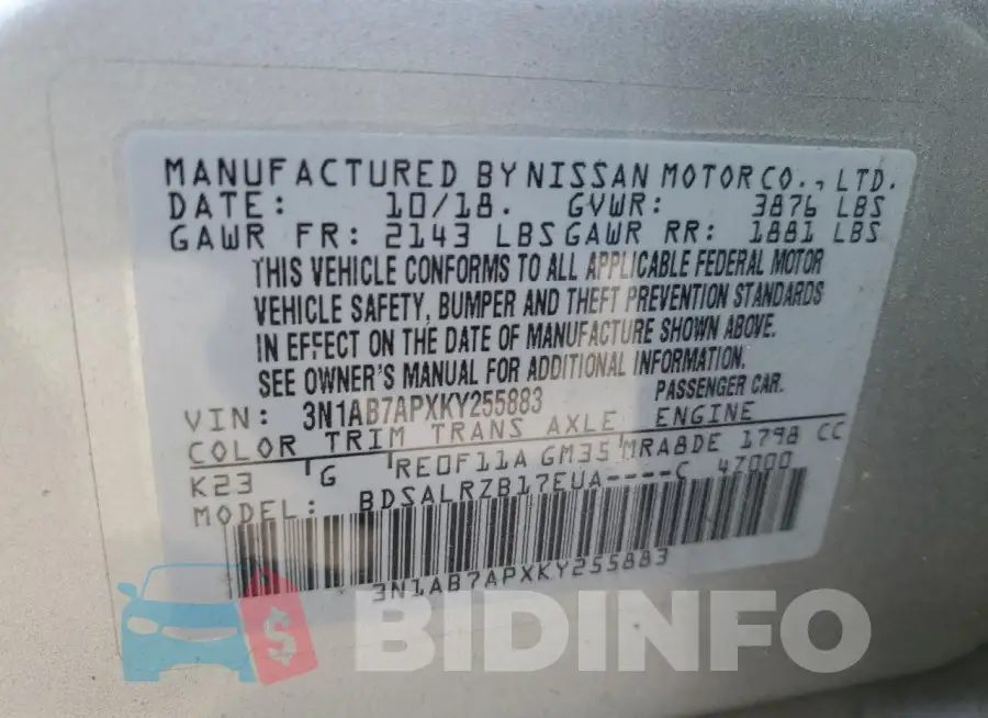 3N1AB7APXKY255883 Photo# 12