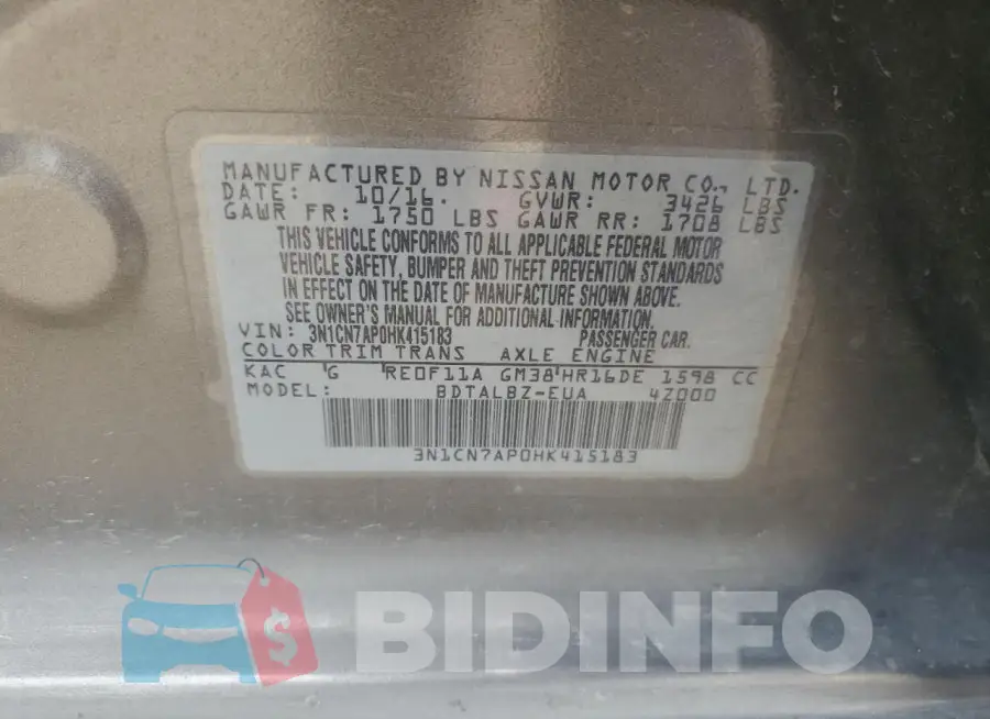 3N1CN7AP0HK415183 Photo# 12