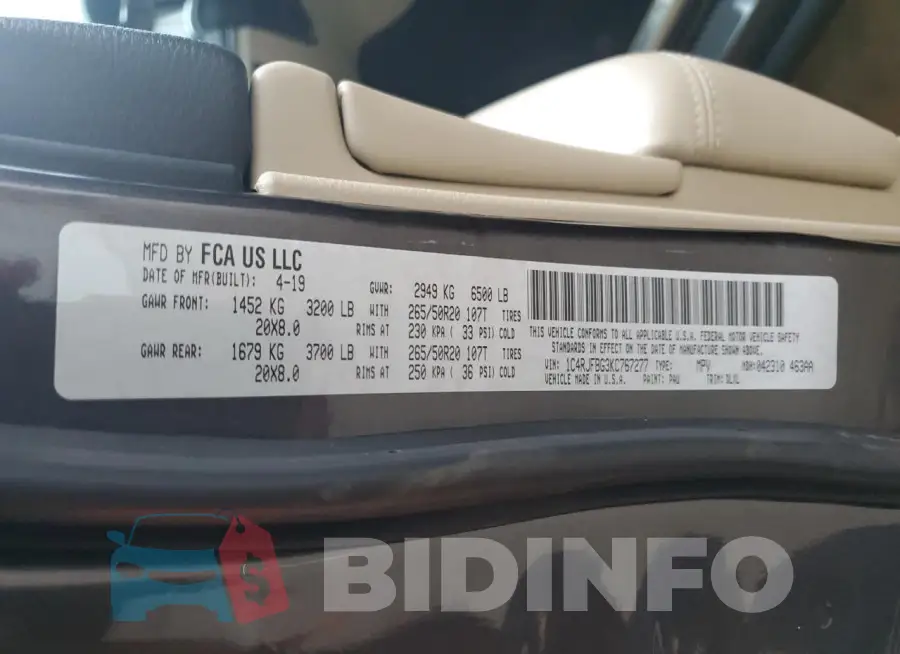 1C4RJFBG3KC767277 Photo# 13