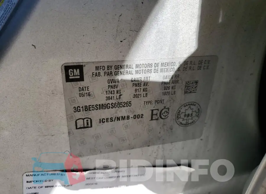 3G1BE5SM9GS605265 Photo# 12
