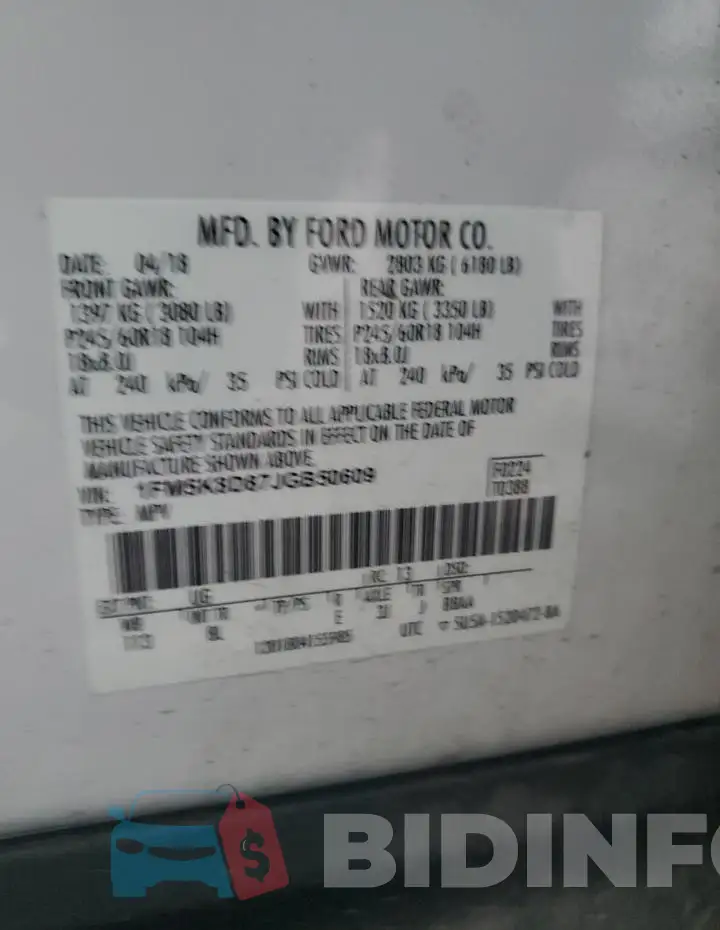 1FM5K8D87JGB50609 Photo# 13