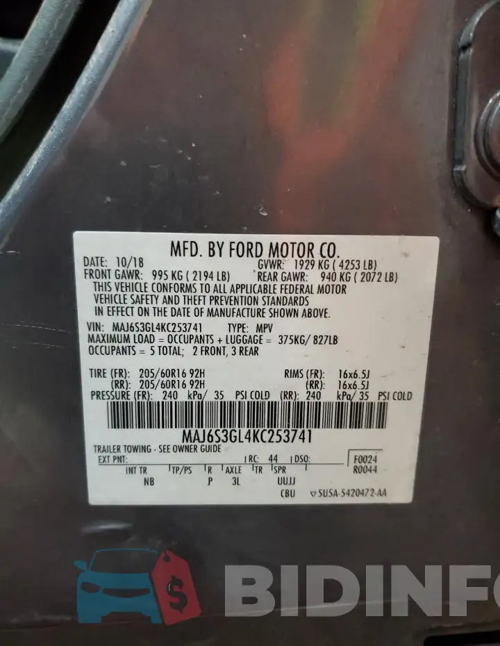 MAJ6S3GL4KC253741 Photo# 14