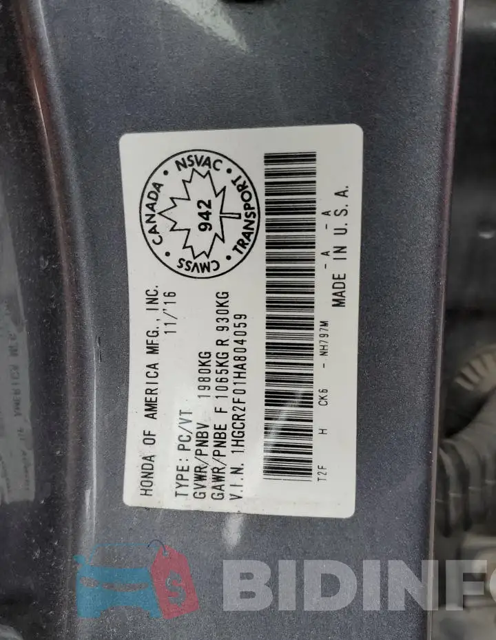 1HGCR2F01HA804059 Photo# 13