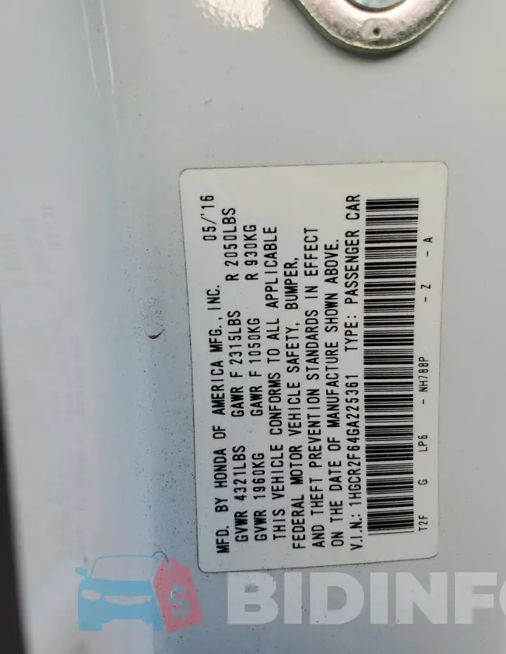 1HGCR2F64GA225361 Photo# 12