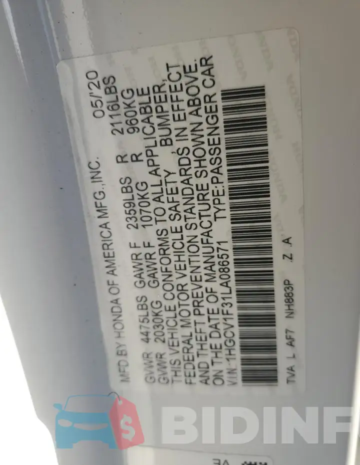 1HGCV1F31LA086571 Photo# 12
