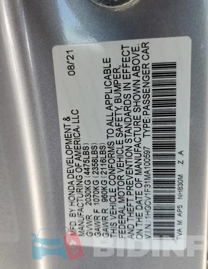 1HGCV1F31MA100597 Photo# 13
