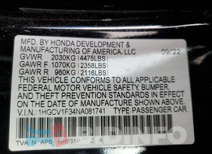 1HGCV1F34NA081741 Photo# 13