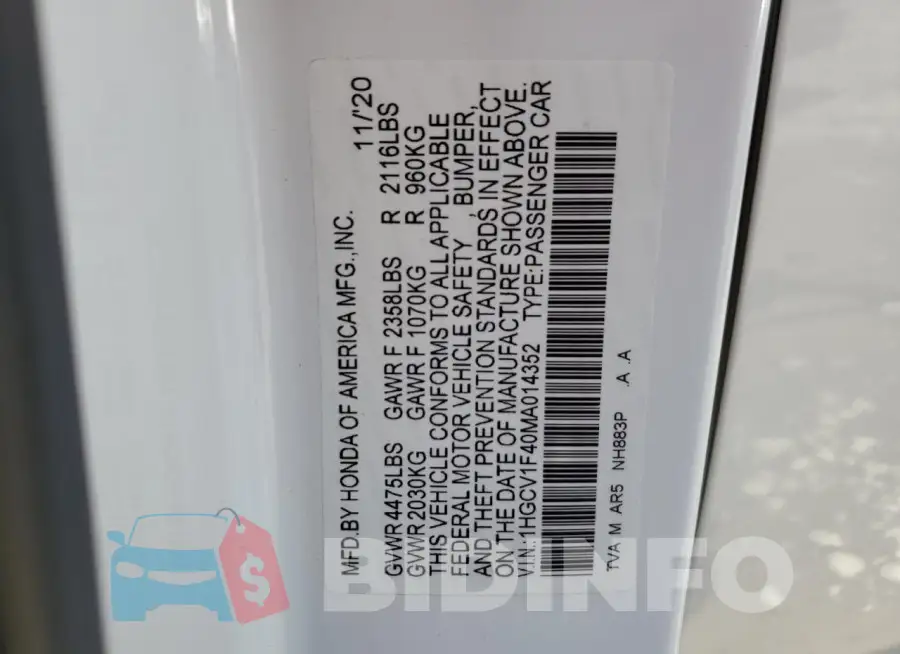 1HGCV1F40MA014352 Photo# 12