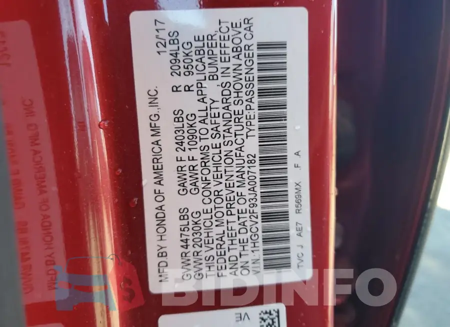 1HGCV2F93JA007182 Photo# 13