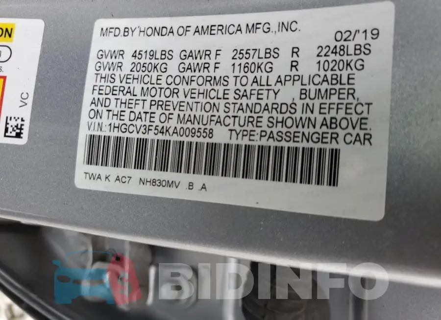 1HGCV3F54KA009558 Photo# 12