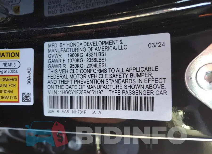 1HGCY1F25RA051197 Photo# 12