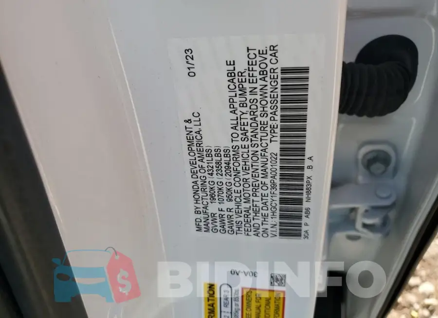 1HGCY1F39PA001022 Photo# 12