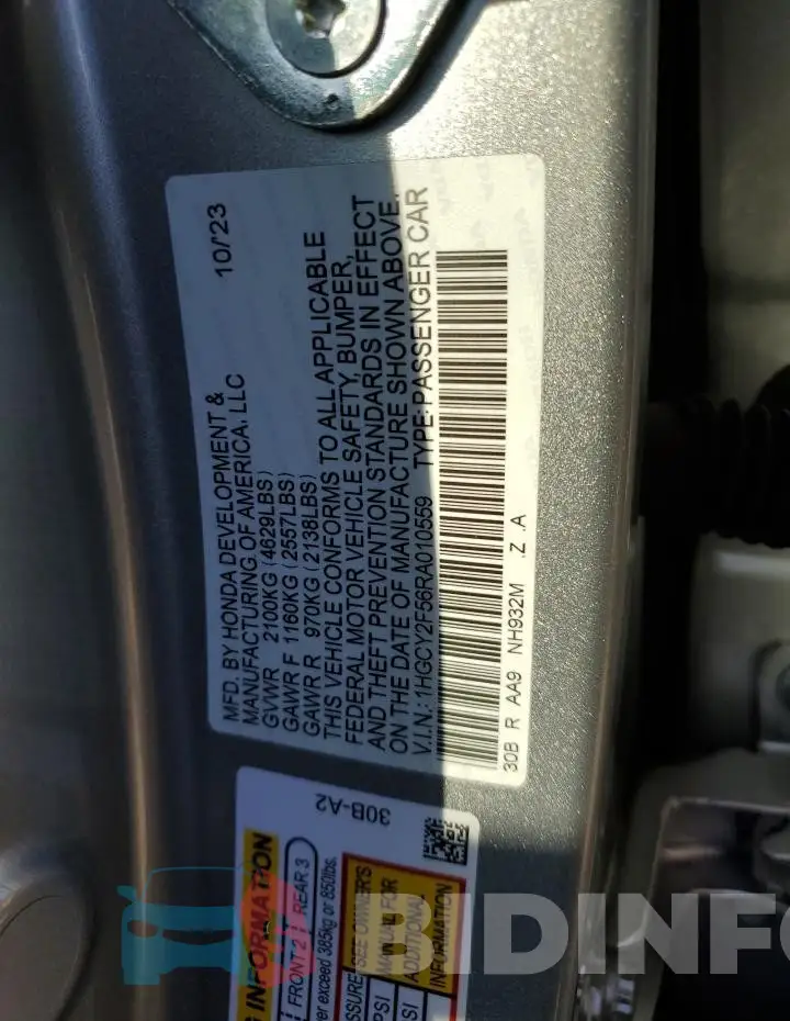 1HGCY2F56RA010559 Photo# 13