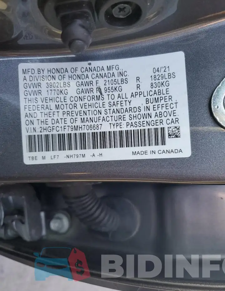 2HGFC1F79MH706687 Photo# 12
