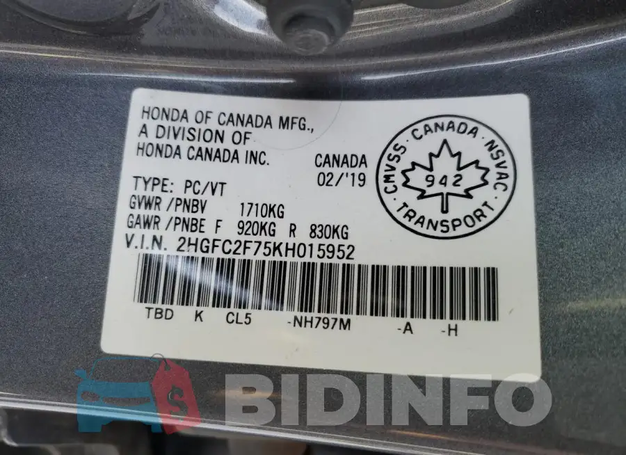 2HGFC2F75KH015952 Photo# 12