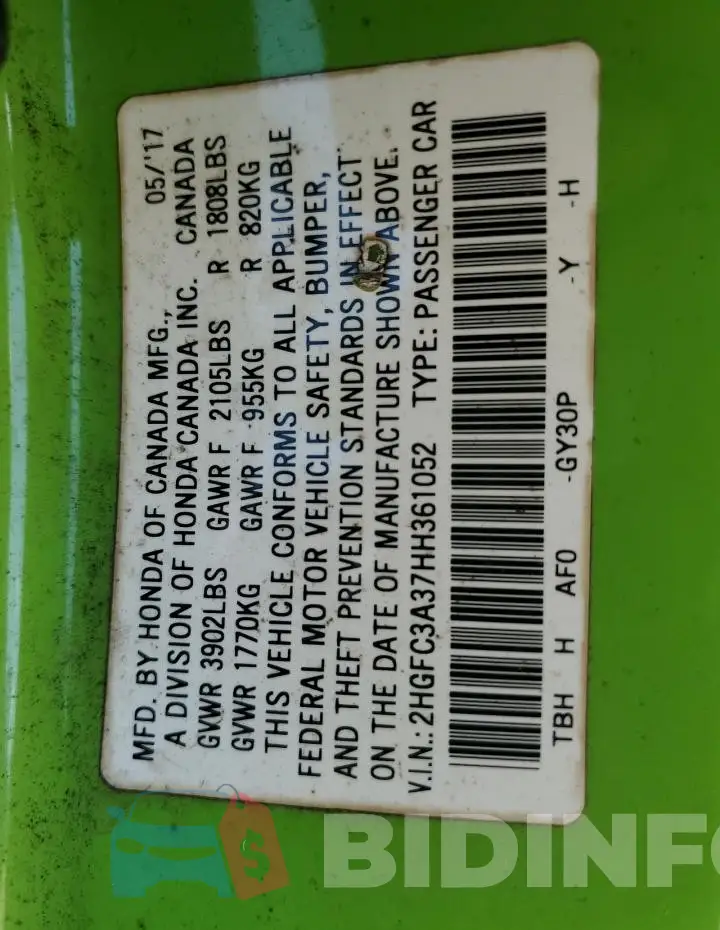 2HGFC3A37HH361052 Photo# 12
