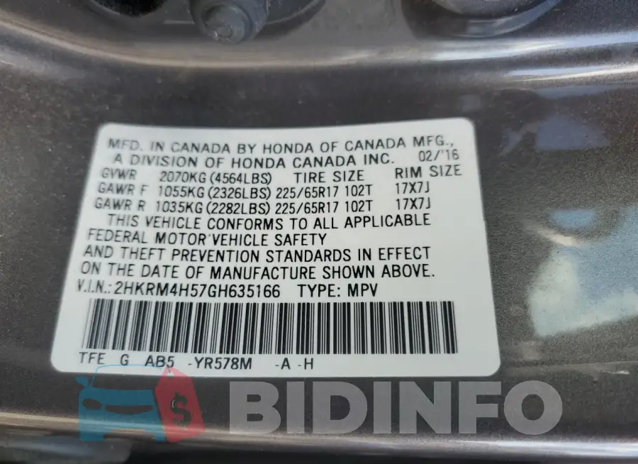 2HKRM4H57GH635166 Photo# 13