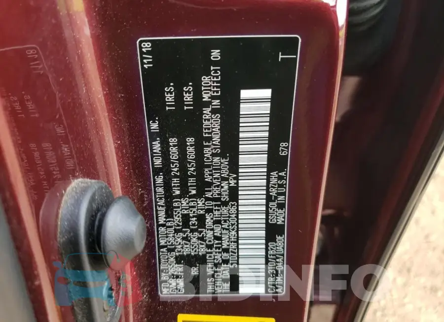 5TDZZRFH9KS304863 Photo# 13