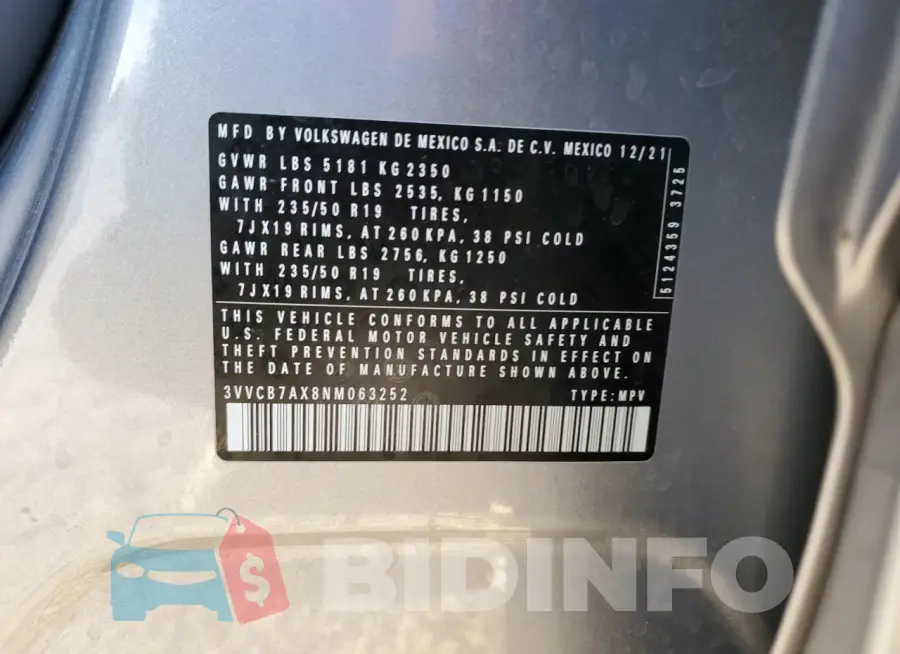 3VVCB7AX8NM063252 Photo# 13