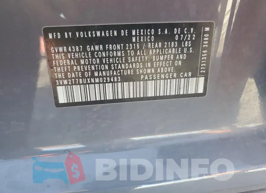 3VW2T7BUXNM029483 Photo# 12
