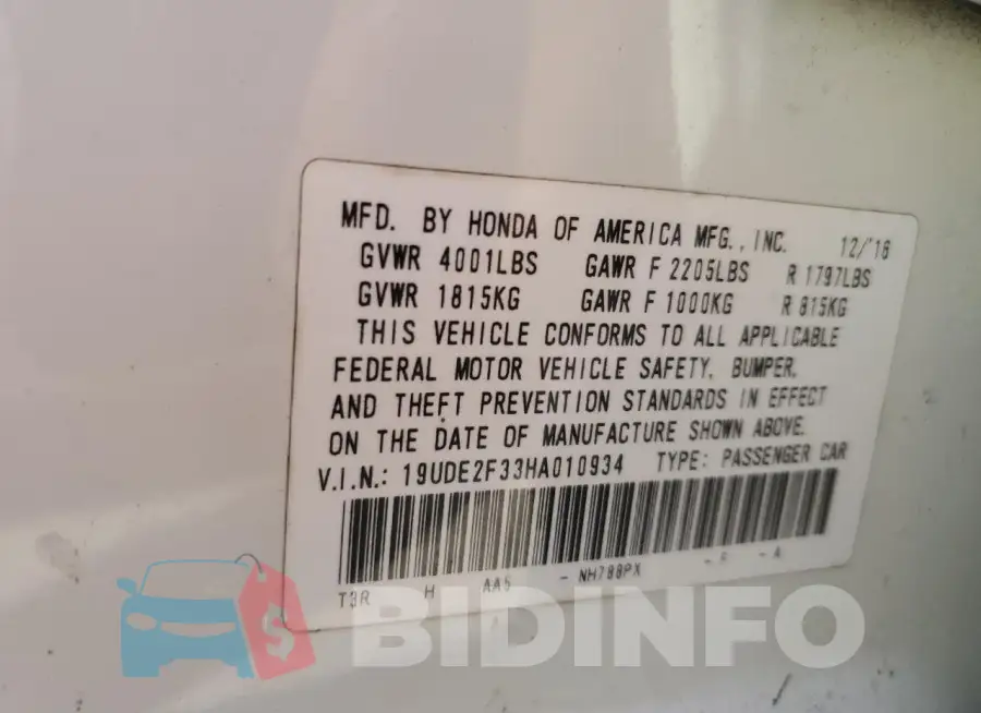 19UDE2F33HA010934 Photo# 13