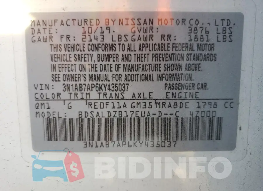 3N1AB7AP6KY435037 Photo# 12