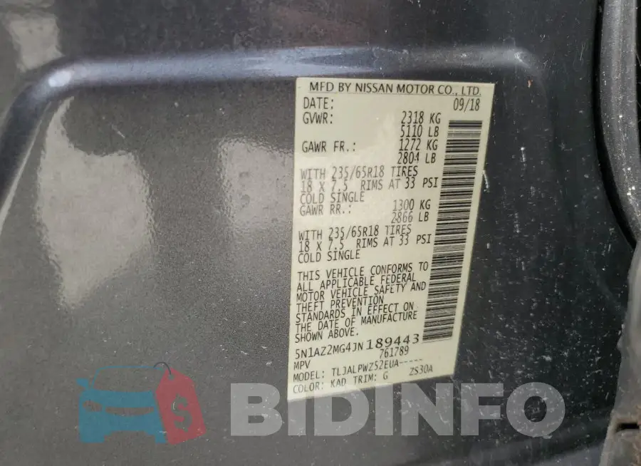 5N1AZ2MG4JN189443 Photo# 14