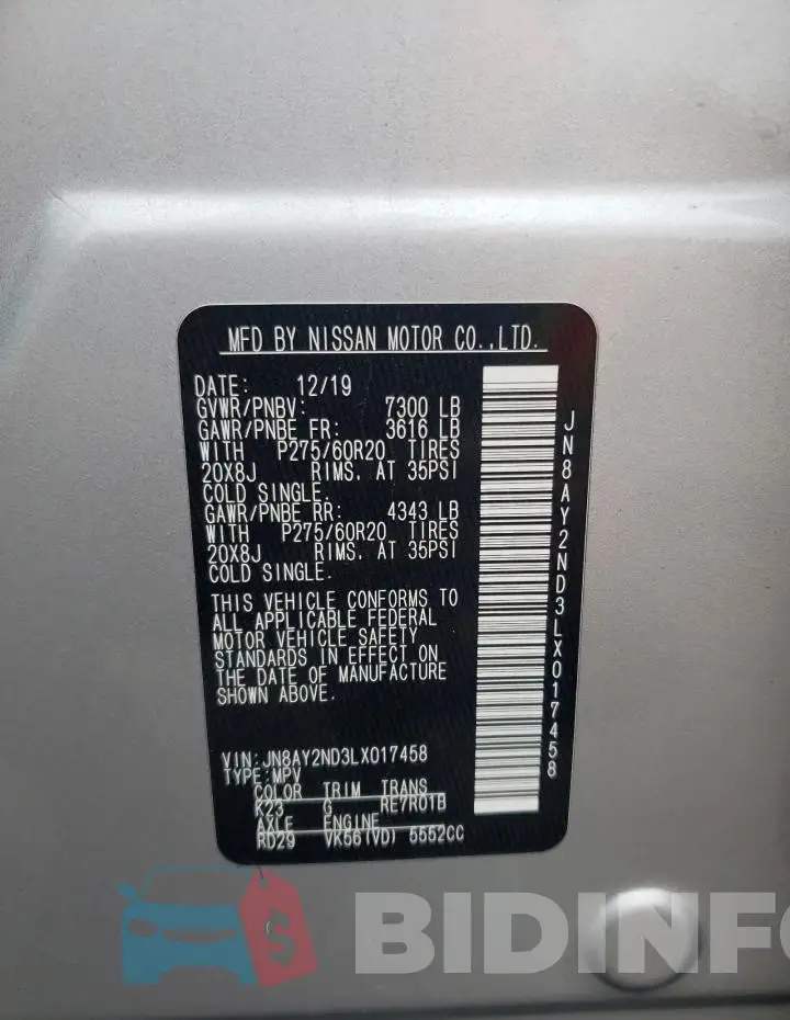 JN8AY2ND3LX017458 Photo# 13