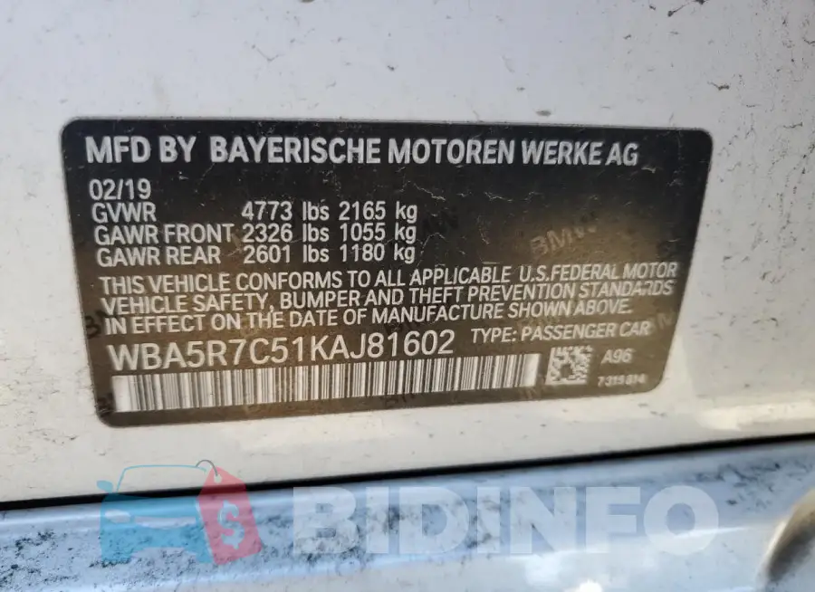 WBA5R7C51KAJ81602 Photo# 13
