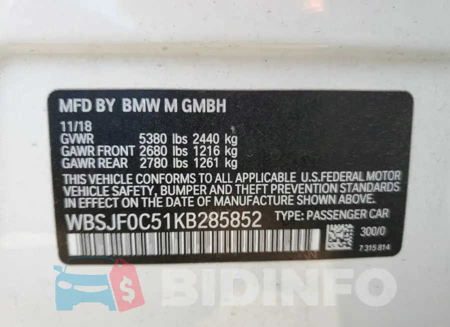 WBSJF0C51KB285852 Photo# 12