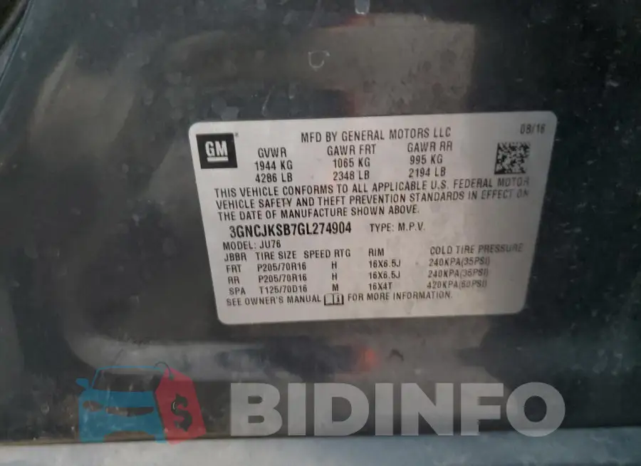 3GNCJKSB7GL274904 Photo# 12