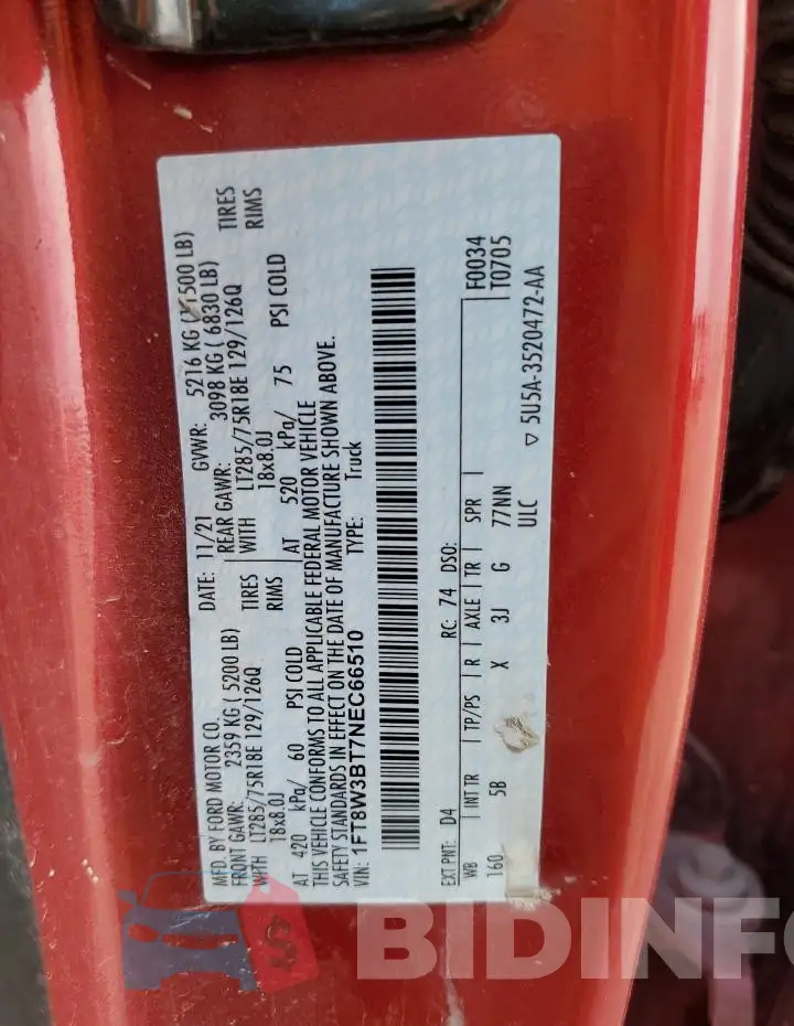 1FT8W3BT7NEC66510 Photo# 12