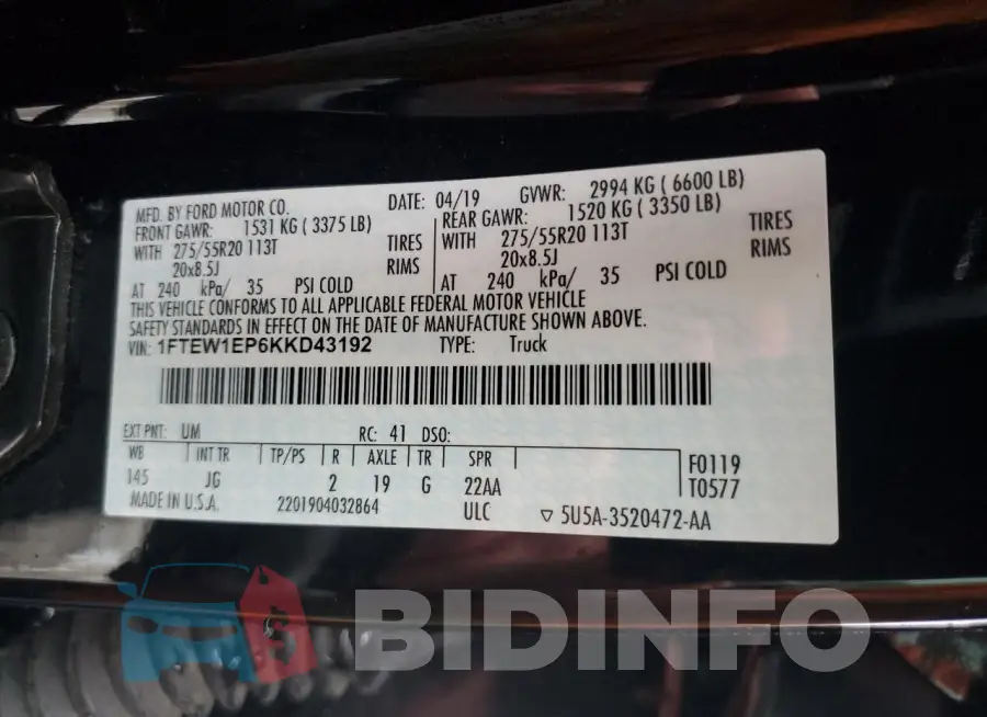 1FTEW1EP6KKD43192 Photo# 12