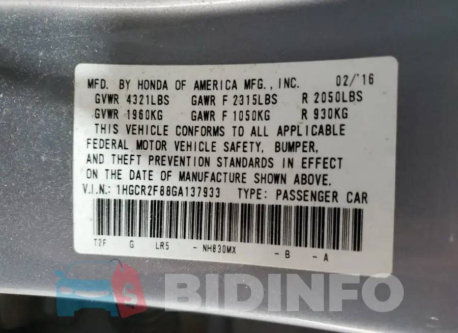 1HGCR2F88GA137933 Photo# 12