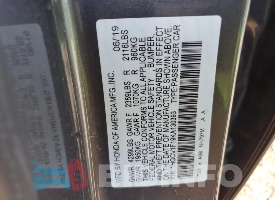 1HGCV1F19KA130393 Photo# 12