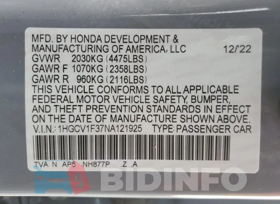 1HGCV1F37NA121925 Photo# 12
