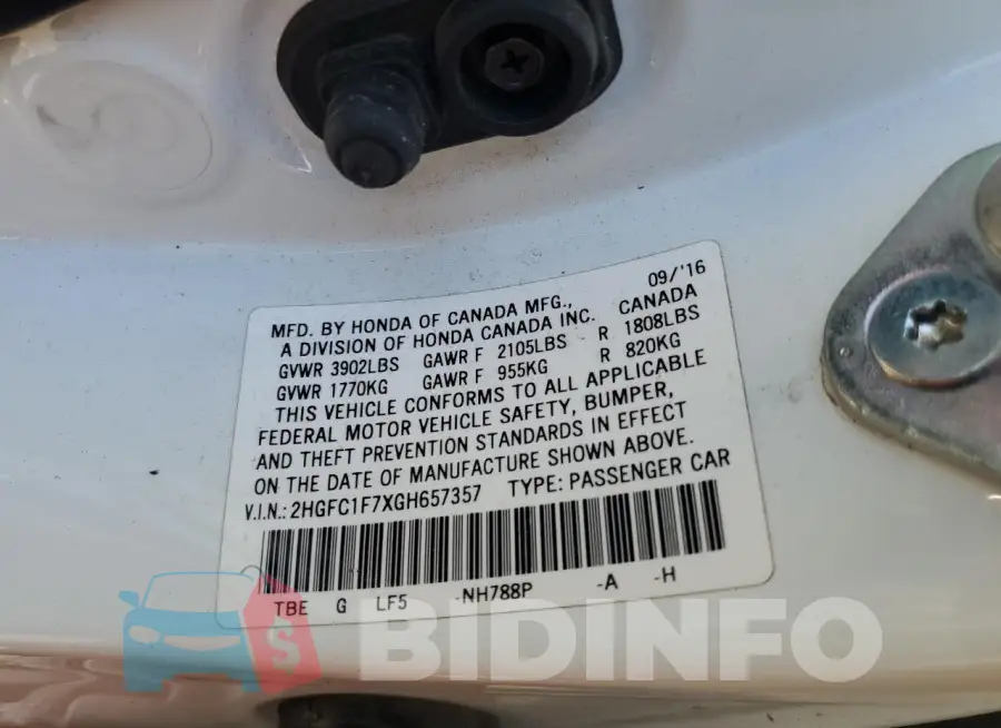 2HGFC1F7XGH657357 Photo# 12