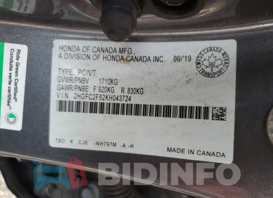 2HGFC2F52KH043724 Photo# 12