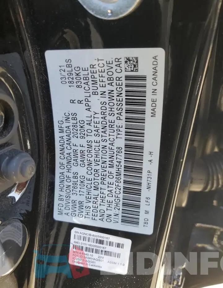2HGFC2F66MH547768 Photo# 12