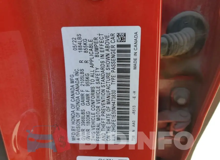 2HGFE1E50NH473830 Photo# 12