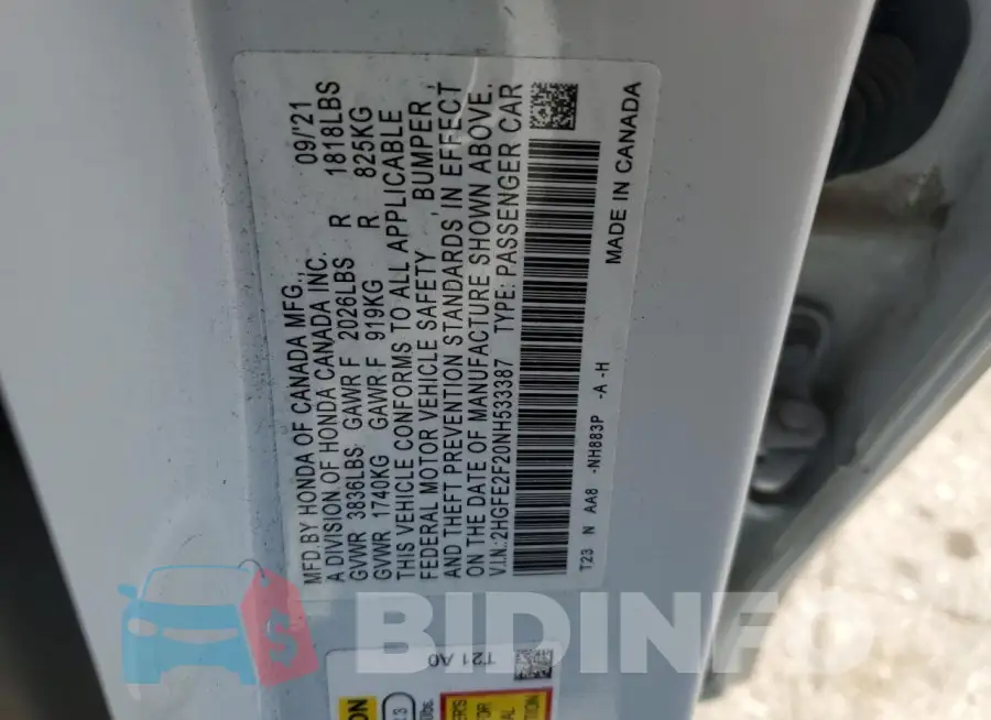 2HGFE2F20NH533387 Photo# 12