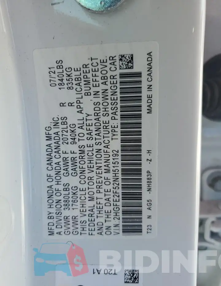 2HGFE2F52NH515192 Photo# 12