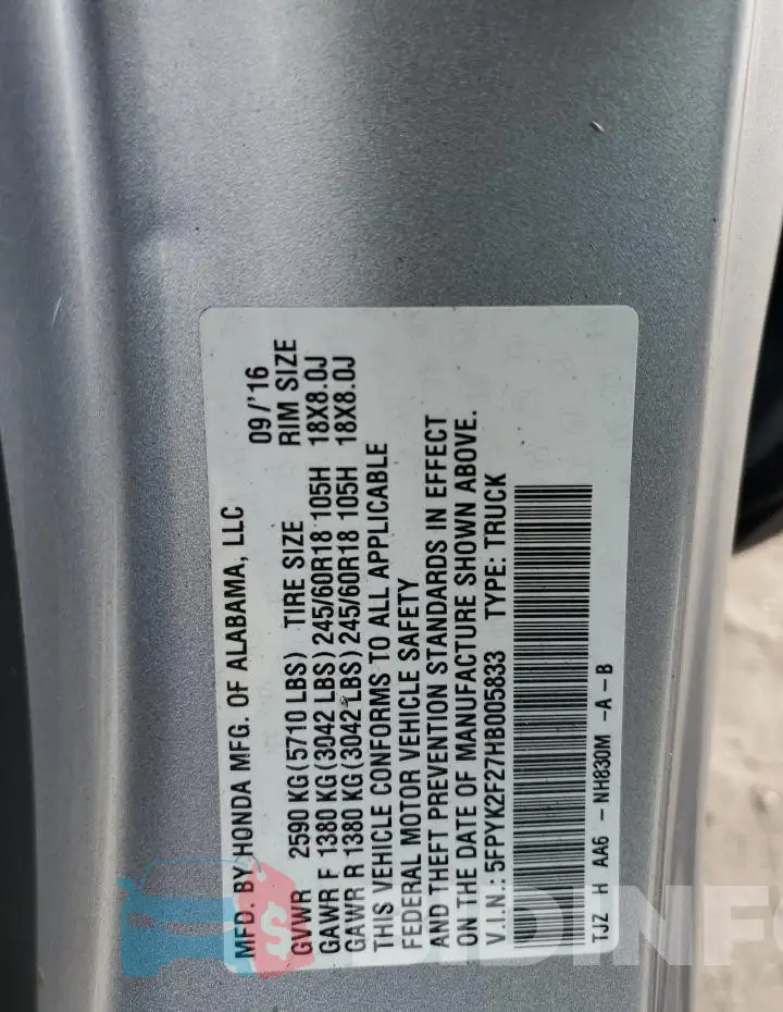 5FPYK2F27HB005833 Photo# 12