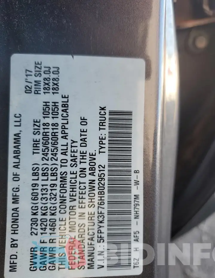 5FPYK3F76HB029512 Photo# 13